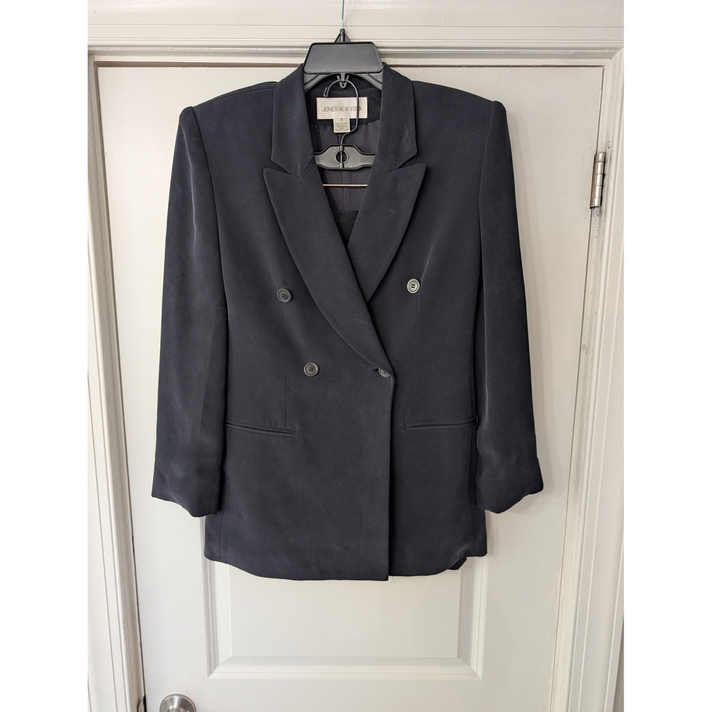 VTG Jones New York Navy Blue 100% Silk Skirt Suit Set Double Breasted Blazer